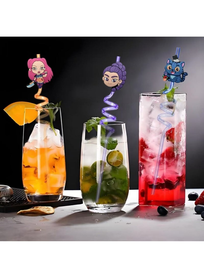 saykfoe Kpop Party Kit - 24 Reusable Colorful Spiral Straws with Printed Cartoon Designs & 25 Girl Temporary Tattoos, Includes Cleaning Brush for Anime Themed Birthday, K-Style Party Decor - Image 2
